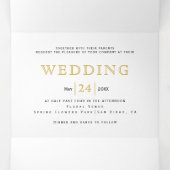 青い水色の花、金ゴールド幾何結婚の 三つ折り招待状 (内部中)