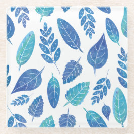 青い水色の葉パターン ガラスコースター