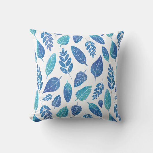 青い水色の葉パターン クッション (正面)