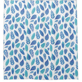 青い水色の葉パターン シャワーカーテン