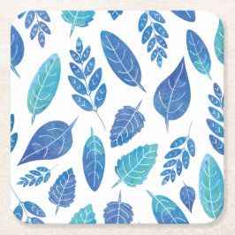 青い水色の葉パターン スクエアペーパーコースター