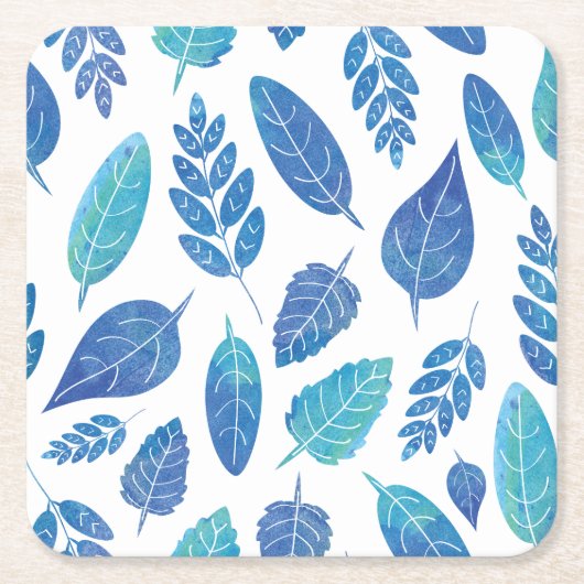 青い水色の葉パターン スクエアペーパーコースター (正面)