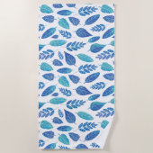 青い水色の葉パターン ビーチタオル (正面)