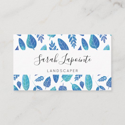 青い水色の葉パターン 名刺 (正面)