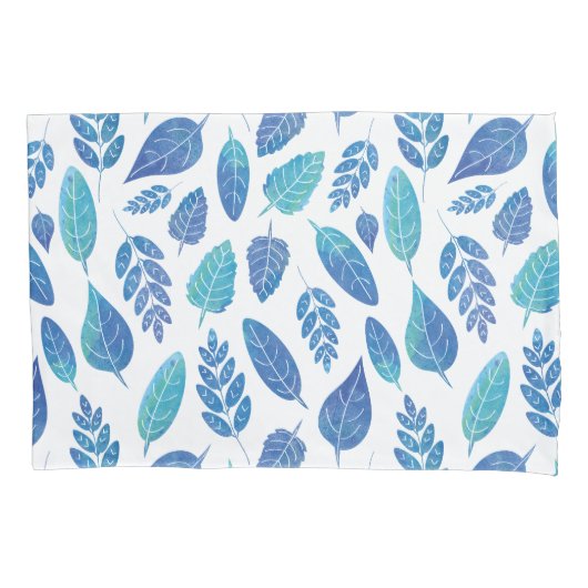 青い水色の葉パターン 枕カバー (正面)