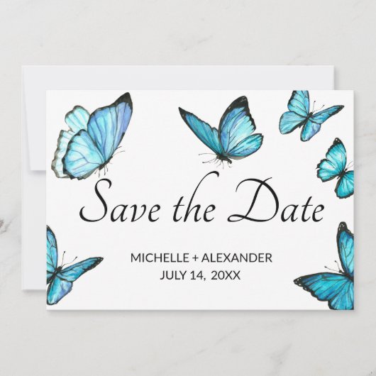 青い水色の蝶は日付カードを保存 招待状 (正面)