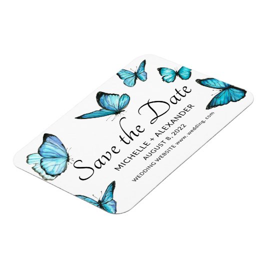 青い水色の蝶モダンは日付を保存 マグネット (左側)