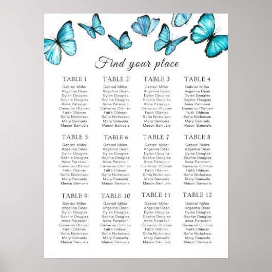 青い水色の蝶結婚の座席表 ポスター (正面)