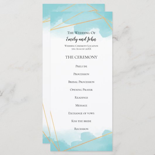 青い水色の金ゴールド幾何線結婚の プログラム (正面/裏面)