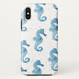 青い水色の馬のパターン金ゴールドきらめき iPhone X ケース