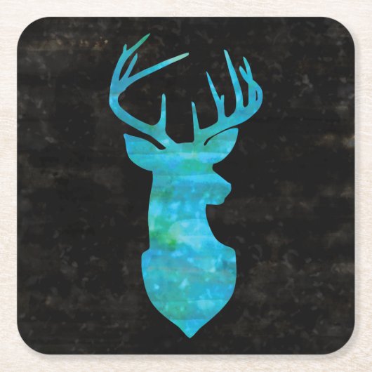 青い水色の鹿のシルエット スクエアペーパーコースター (正面)
