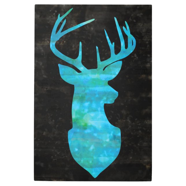 青い水色の鹿のシルエット メタルプリント (正面)