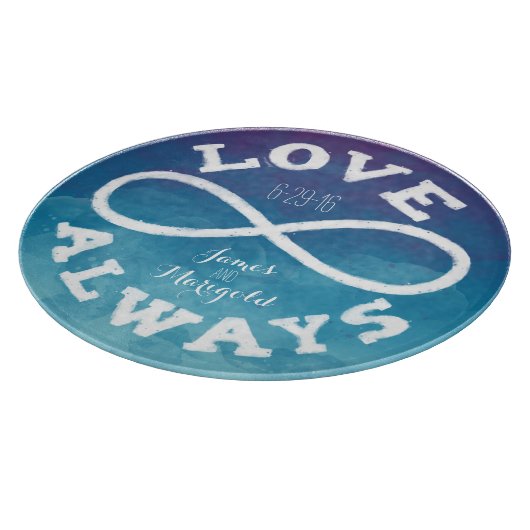 青い水色インフィニティ結婚ラブの日付、名前 カッティングボード (角)