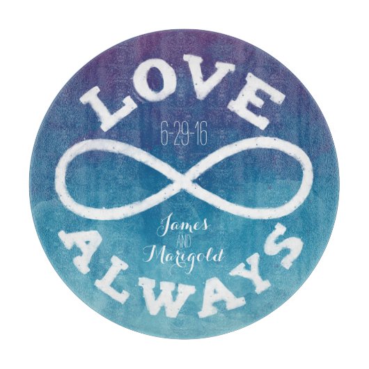 青い水色インフィニティ結婚ラブの日付、名前 カッティングボード (正面)