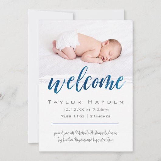 青い水色ウェルカムフォト誕生のお知らせ 案内状 (正面)