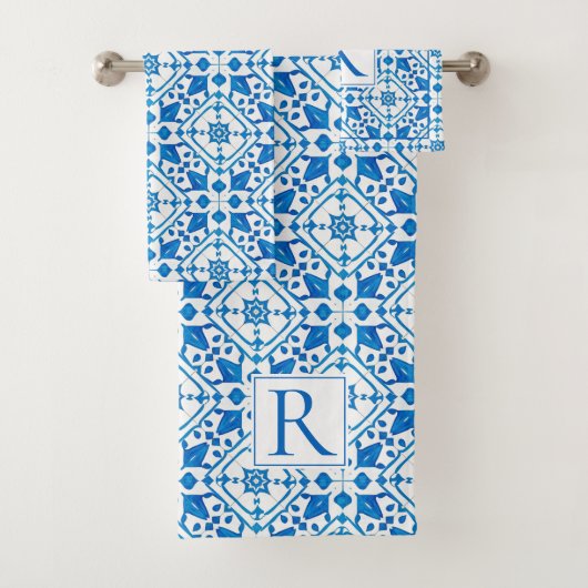青い水色ギリシャ地中海の結婚タイル バスタオルセット (インサイチュ)
