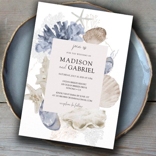 青い水色シーシェルサンゴヒトデ結婚ィズ 招待状