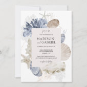青い水色シーシェルサンゴヒトデ結婚ィズ 招待状 (正面)