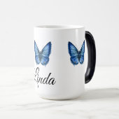 青い水色バタフライコーヒーマグギフト モーフィングマグカップ (正面右)