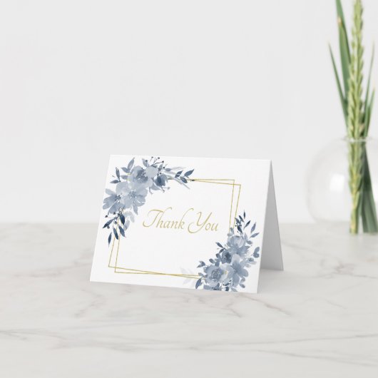 青い水色フローラと金ゴールド感謝していフレームあなた サンキューカード (正面)