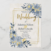 青い水色フローラと金ゴールド結婚枠 箔招待状 (正面)