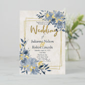 青い水色フローラと金ゴールド結婚枠 箔招待状 (立ち正面)