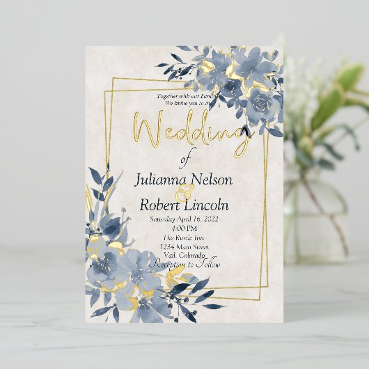 青い水色フローラと金ゴールド結婚枠 箔招待状 (立ち正面)