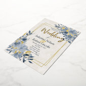 青い水色フローラと金ゴールド結婚枠 箔招待状 (回転した状態)