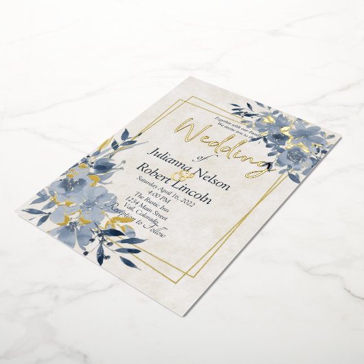 青い水色フローラと金ゴールド結婚枠 箔招待状 (回転した状態)