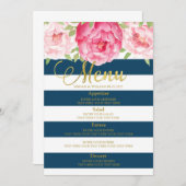 青い水色フローラ黒ストライプ色のメ結婚ニュー メニュー (正面/裏面)