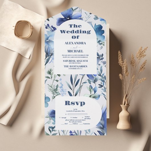 青い水色ペリウィンクルワイルドフラワー結婚ズ オールインワン招待状