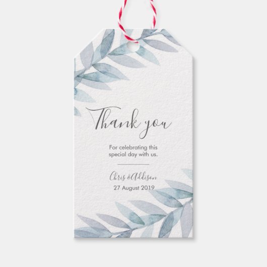 青い水色葉の感謝していメッセージカード ギフトタグ (正面)