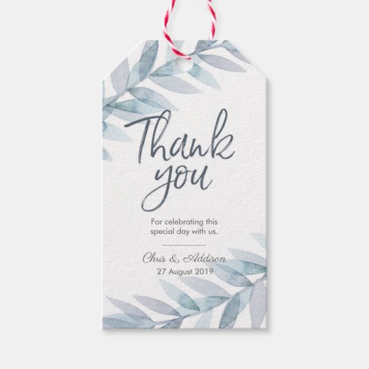 青い水色葉の感謝していメッセージカード ギフトタグ (正面)