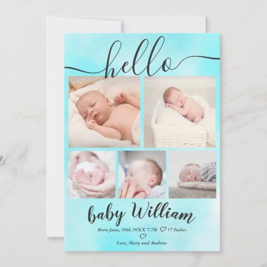 青い水色5グリッドフォト男の赤ちゃん誕生 案内状 (正面)