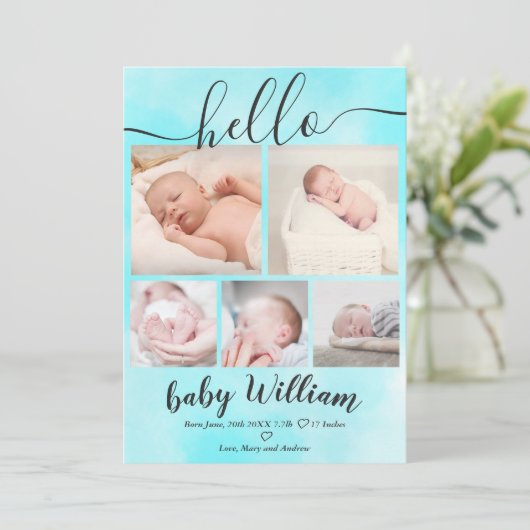 青い水色5グリッドフォト男の赤ちゃん誕生 案内状 (スタンド正面)
