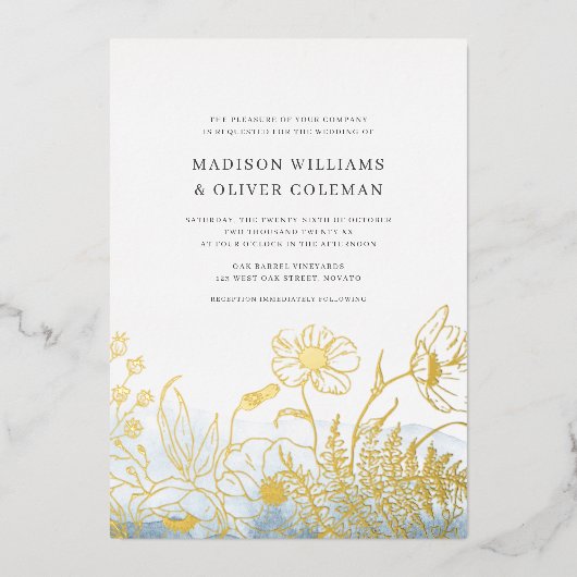 青い水色+ワイルドフラワー結婚ブーケ実在の 箔招待状 (正面)