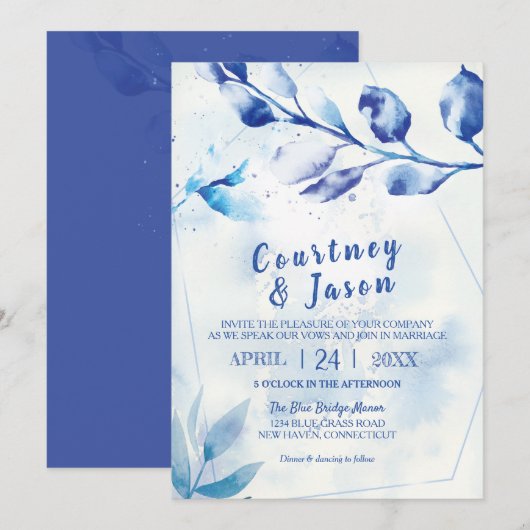 青い水離れ色の結婚 招待状 (正面/裏面)