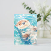 青い水面に浮かぶウォーターカラーのかわいいラッコ ポストカード (スタンド正面)