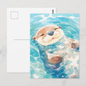 青い水面に浮かぶウォーターカラーのかわいいラッコ ポストカード (正面/裏面)