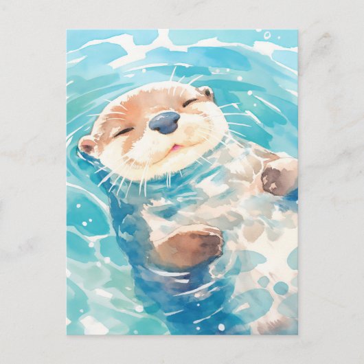 青い水面に浮かぶウォーターカラーのかわいいラッコ ポストカード (正面)