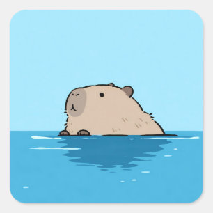 青い水面に浮かぶミニマリストのカピバラ スクエアシール