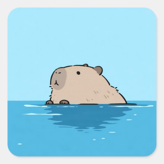 青い水面に浮かぶミニマリストのカピバラ スクエアシール (正面)