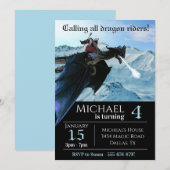 青い氷の雪のドラゴンに乗る魔法使いの誕生日 招待状 (正面/裏面)