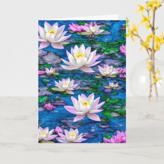 青い池に浮かぶピンクと白の蓮の花 カード (黄色い花)