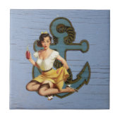 青い沿岸の船といかりプールパーティーの女の子 タイル (正面)