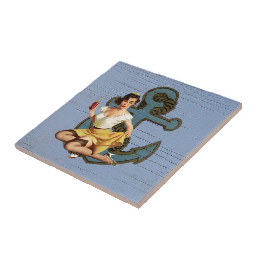 青い沿岸の船といかりプールパーティーの女の子 タイル (側面)