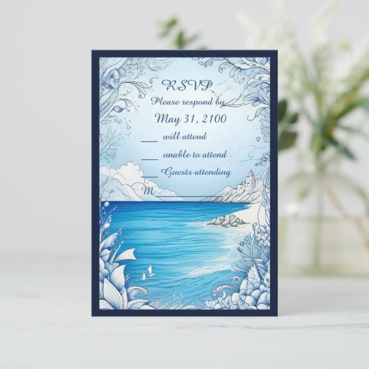 青い沿岸のvibe結婚式rsvpカード 出欠カード (スタンド正面)