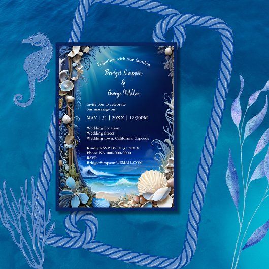 青い沿岸ビブ結婚式招待状