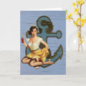 青い沿岸船およびいかりのプールを囲んでのパーティの女の子 カード (黄色い花)