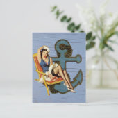 青い沿岸船およびいかりのプールを囲んでのパーティの女の子 ポストカード (スタンド正面)